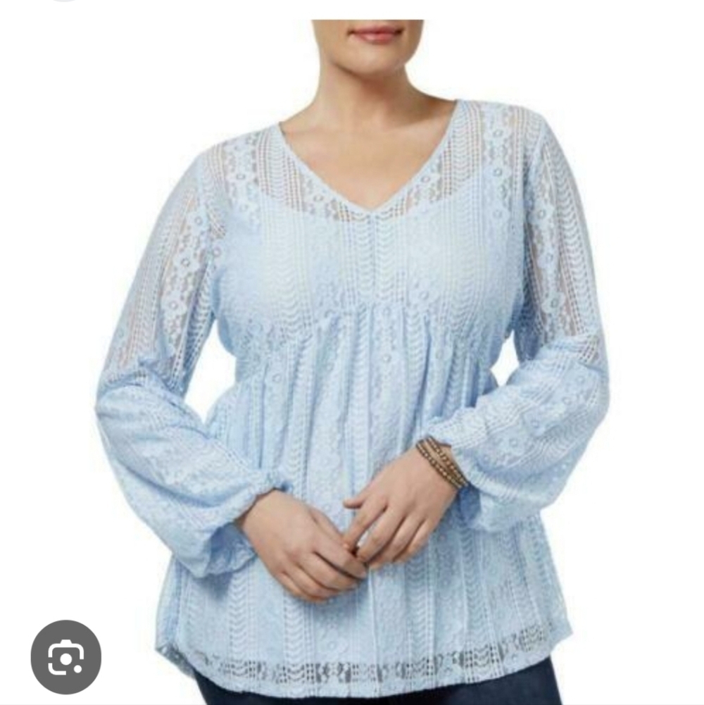 Ny collection blue lace long sleeve blouse 2x